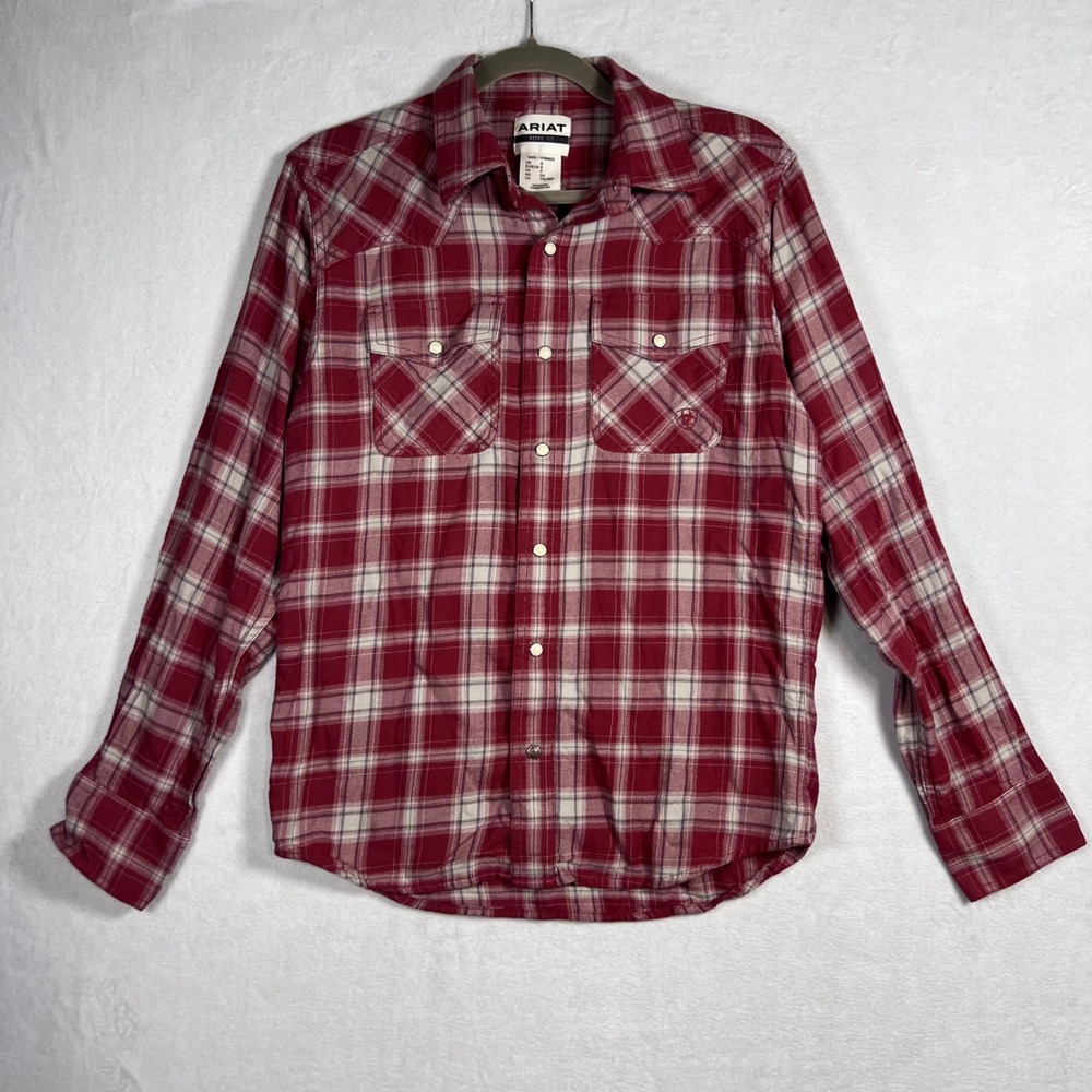 Ariat Retro Fit Mens Small Red Plaid Western Pearl Snap Long Sleeve Cotton Shirt